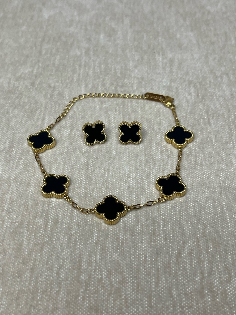 Gold Plated Black Clover Charm Bracelet and Stud Earrings Set
